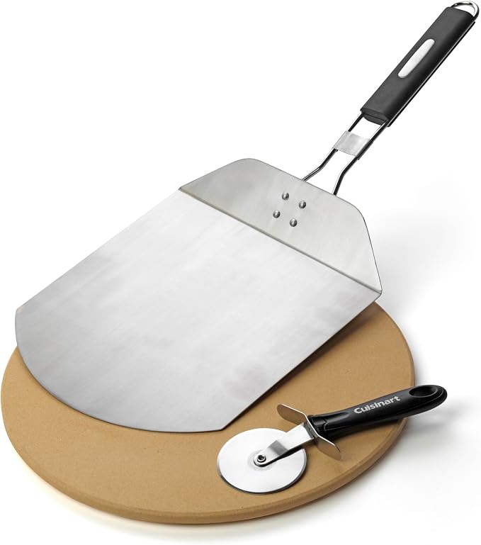 Cuisinart 3 Piece Pizza Grilling Pack, 13” Round Pizza Stone for Grill with Cutter and Foldable Stainless Steel Peel, Complete Set to Build Your Own Pizzas at Home