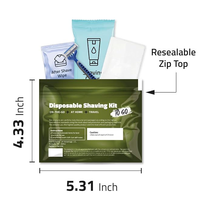 Travel Shaving Kit with Razor, Shaving Cream, Washcloth and Aftershave Wipe, Men's Disposable Grooming Pack (Green) (10)