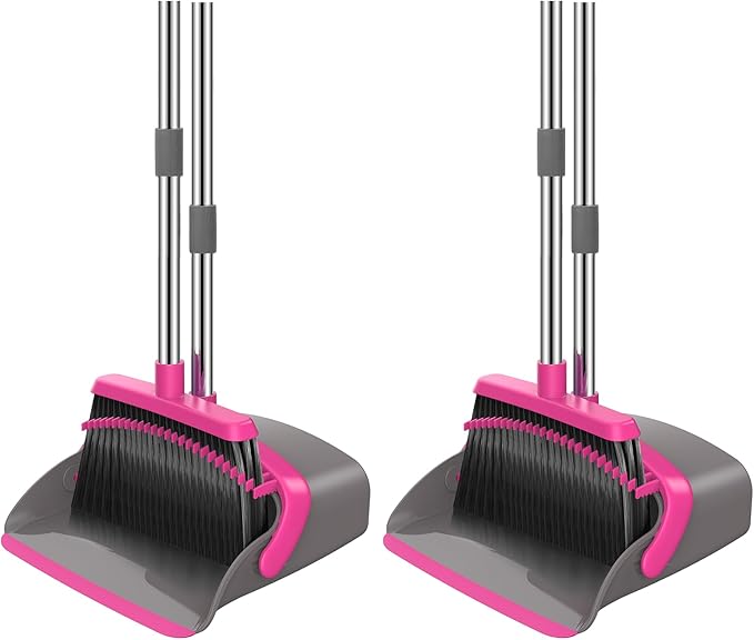 NACENA Broom and Dustpan Set, 52-in Long Adjustable Handle Broom Dustpan Combo with Dust pan Teeth to Automatically Clean Hair Suitable for Home Kitchen Office Hall Floor (Grey&Rose), 2 Pack