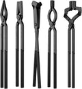 5PCS Blacksmith Tools Kit - V-Bit Tongs, V-Bit Bolt, Scrollings, Square Jaw & Blade with Hammer, High Carbon Steel Assembled Forging Set for Metalworking