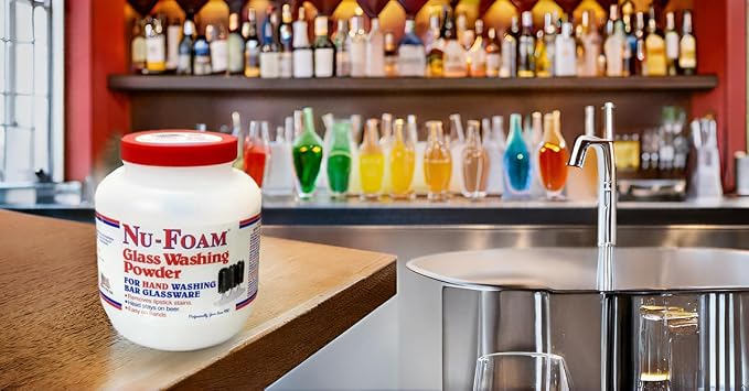 Nu-Foam Glass Washing Powder - Detergent for Bar Glassware – Original Streak-Free Solution - Hand Washing Bar, Tavern, Brewery Supplies - Spotless Serving Glasses - Easy On Hands - 4 Lb Jar