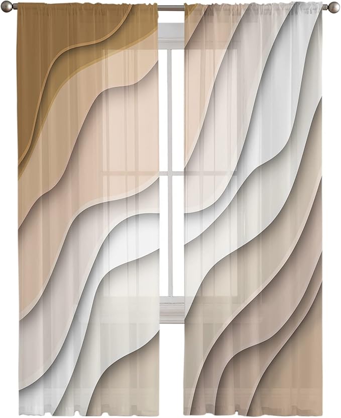 Geometric Sheer Curtain 96 Inch Rod Pocket Ombre Cream Beige Living Room Bedroom Kitchen Cafe Window Curtains & Drapes,Modern Abstract Ocean Beach Seawaves Chiffon Tulle Curtains,Brown White 104"x96"
