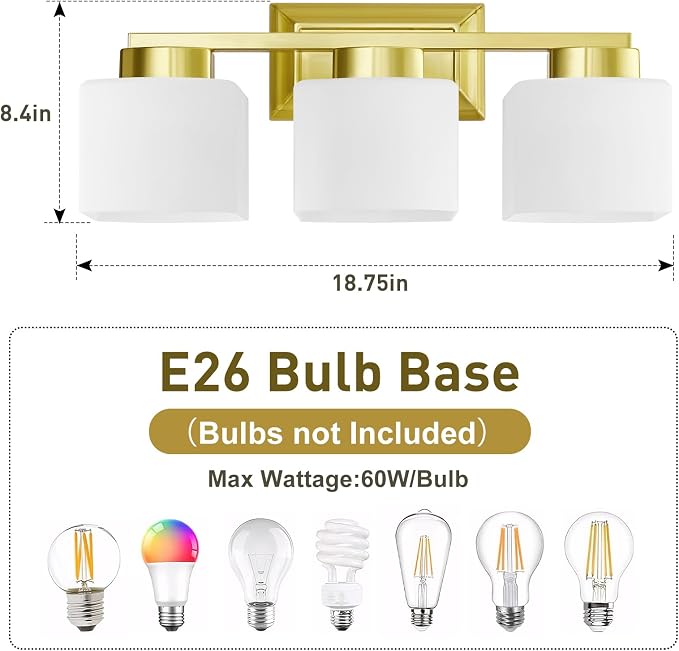 EJIAXIN 3-Light Bathroom Light Fixtures - Gold Bathroom Vanity Lights with Glass Shade Modern Bathroom Lighting Fixtures Over Mirror - Wall Sconce Lamps for Bedroom,Living Room,Hallway