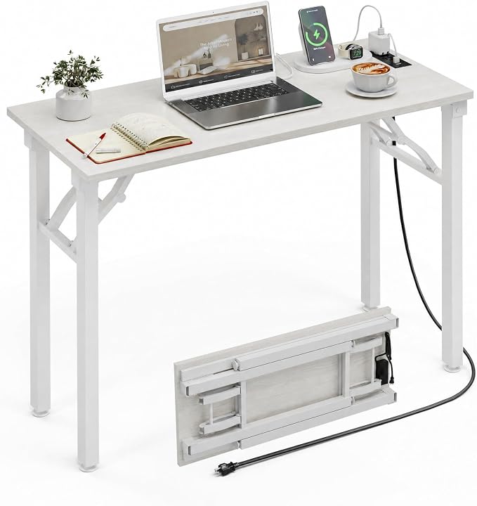 XBurmo Small Folding Desk Folding Table, No Assembly Foldable Desk Gaming Desk, 35.8-Inch Computer Table Workstation with 2 AC Outlets and 2 USB Ports for Bedroom and Home Office, White Ash