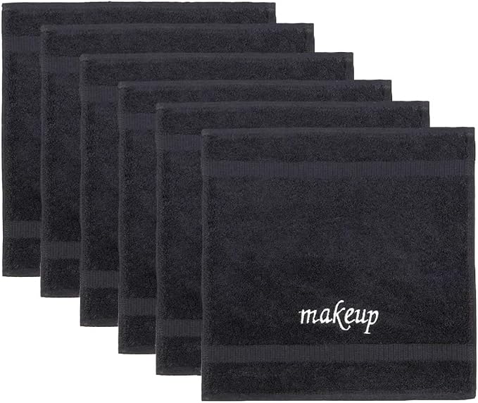 Chakir Turkish Linens |Hotel & Spa Quality 100% Cotton Premium Turkish Towels | Soft & Absorbent (6-Piece Washcloths, Black - Makeup Embroidered)