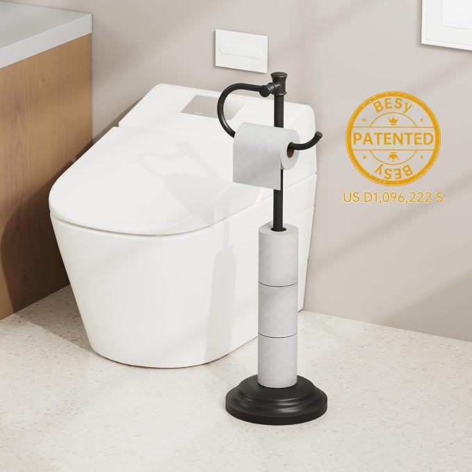 BESy Toilet Paper Holder Free Standing Bathroom Toilet Tissue Holder Stand for Floor Toilet Paper Roll Holder with Storage Hardware Accessories Rack Hand Towel Bar Oil Rubbed Bronze Stainless Steel