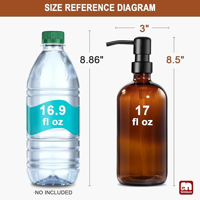 GMISUN Amber Glass Soap Dispenser, 6 Pack Bathroom Hand Soap Dispensers with Stainless Steel Pump, 17 Fl Oz Kitchen Hand and Dish Soap Dispenser Set, Modern Vintage Liquid Brown Soap Dispensers Bottle