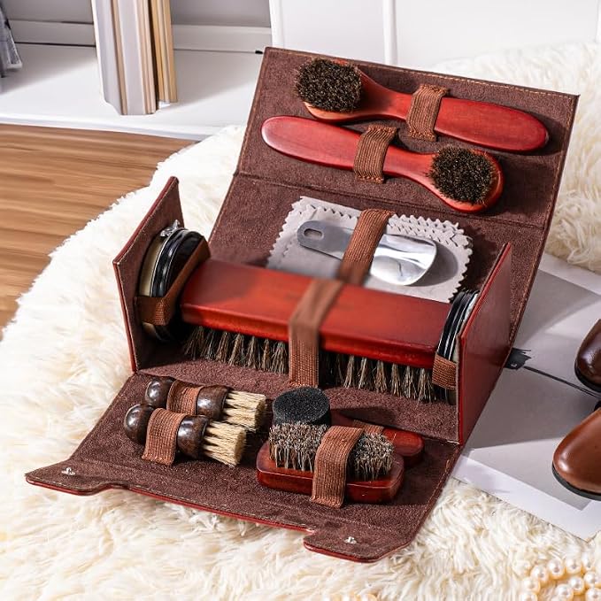 Home Large Shoe Polish Brush Set Leather Care Polishing Tools Horse Bristle Wax Shoehorn(White-Patch Five-Pointed star4)