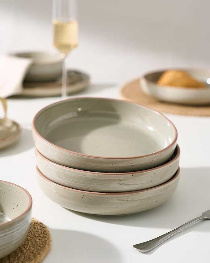 famiware Milkyway 33 oz Bowl Set, Pasta Bowls Set of 8, Salad Bowls, Double Reactive Glaze, Sturdy & Stackable, Ideal for Housewarming, Festivals, Matcha Green with Speckles