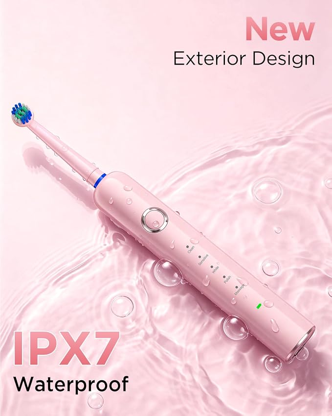 Rtauys Rotating Electric Toothbrush for Adults with 8 Brush Heads (2 Types), 5 Modes Rechargeable Power Toothbrush with Travel Case and 2 Minute Smrte Timer (Pink)