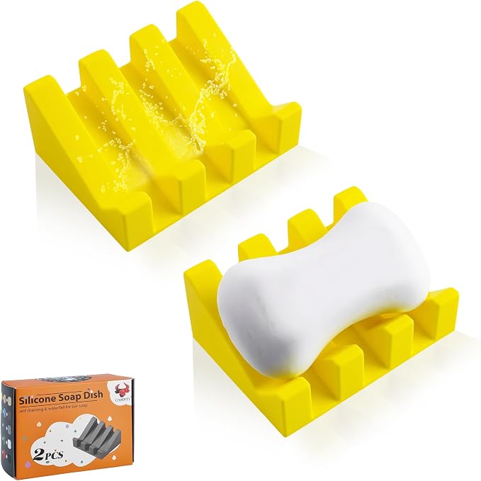 Self Draining Soap Dish Holder,Silicone Soap Dish,for Bathroom,Kitchen, Sponges，Can Extend Soap Life，Keep Soap Bars Dry and Easy Cleaning (Yellow,2-Pack)