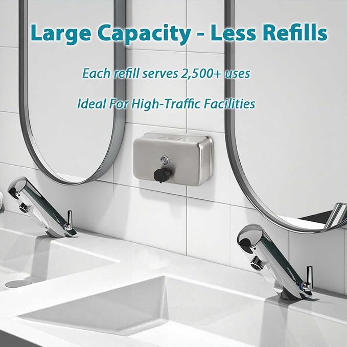 Commercial Stainless Steel Soap Dispenser Wall Mount Horizontal Liquid | 38.8oz Large Capacity, Anti-Leak, Antirust SUS304 Brushed for Bathroom & High-Traffic Areas