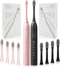 2 Pack Rechargeable Electric Toothbrushes for Adults and Kids, Whitening Tooth Brush with 8 Brush Heads, 6 Cleaning Modes and Smart Timer, Waterproof Cleaning Toothbrushes Set