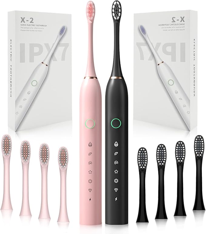 2 Pack Rechargeable Electric Toothbrushes for Adults and Kids, Whitening Tooth Brush with 8 Brush Heads, 6 Cleaning Modes and Smart Timer, Waterproof Cleaning Toothbrushes Set