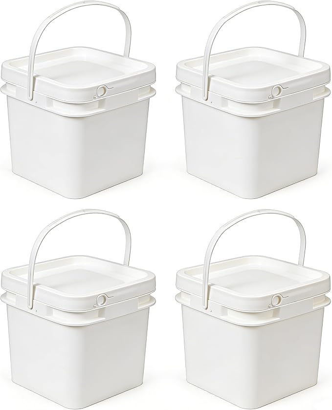 68 oz Food Storage Buckets with Lids, 4 Pack Square BPA Free Plastic Containers with Handles and Labels for Pantry, Rice, Flour, Snacks and Freezer (White)