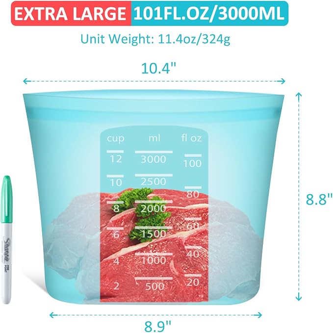 Reusable Food Storage Bags Extra Large, 0.8 Gallon/101 fl.oz/3000 ml, 4 Pack 100% Silicone Food Storage Bags Stand-Up Wide-Mouth Zip-Lock for Large Items, Freezer Microwave Oven Dishwasher Safe, Blue