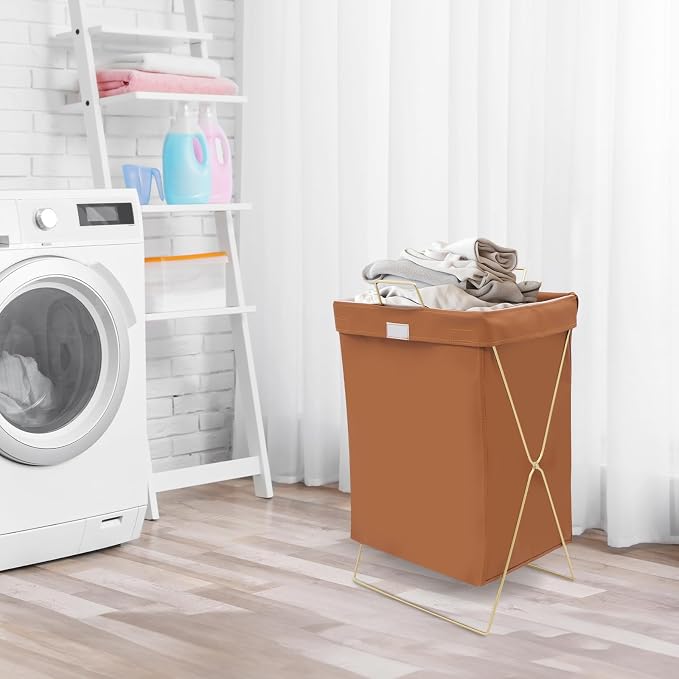 X-Frame Laundry Basket with Lid, Foldable Laundry Hamper, Gold Metal Collapsible Bag Sorter Organizer, Luxury Folding Dirty Clothes Washing Bin (Gold Frame+ Brown Bag)