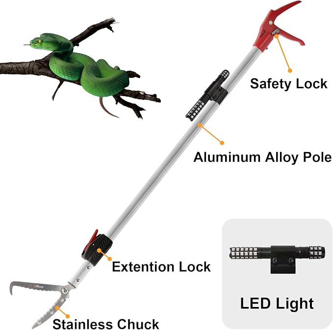 Snake Catcher Tongs Grabber Rattle Heavy Duty | with 43 inch to 59 inch Telescopic Pole