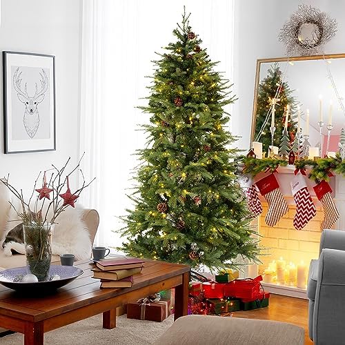 Glitzhome 6ft Pre-Lit Green Fir Artificial Holiday Christmas Tree with 350 LED Lights, 9 Functional Warm White/Multi-Color, Remote Controller, Ideal for Home, Office, Party Decoration