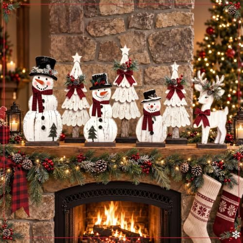 Barydat 7 Pcs Christmas Decorations Indoor Rustic Snowman Tree Reindeer