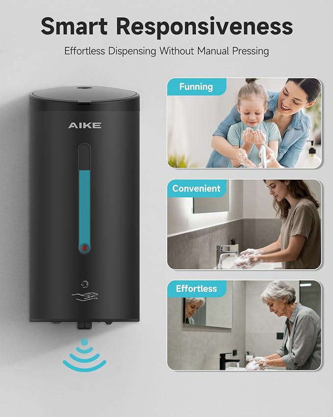 AIKE Automatic Foaming Soap Dispenser 25oz for Bathroom,Matteblack AK1205FA | Rich Foam and Stainless Steel,No-drill and Screw Wall Mount,5-Level Adjustable and Key for Commercial(Batteries Not Included)