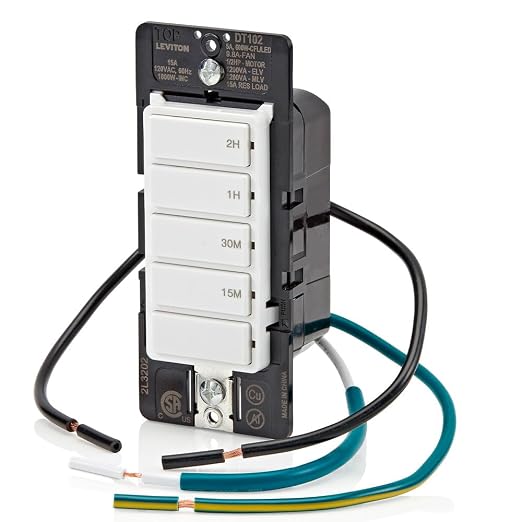 Leviton Countdown Timer Switch for household lights and exhaust fans, 15-30 min, 1-2 hour, No Neutral Wire Required, Single Pole, 15A, 1/2HP/9.8A Fan/Motor, DT102-1LW, White