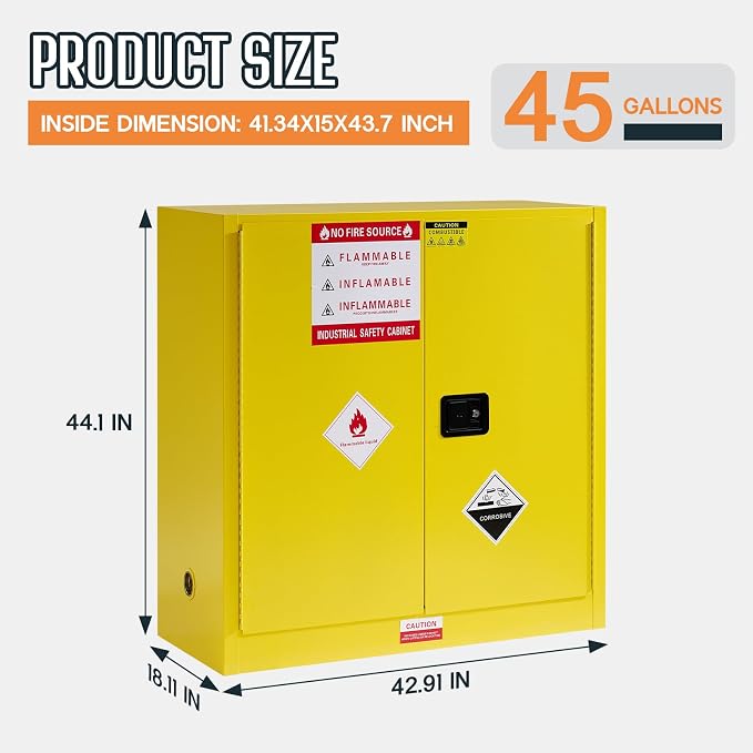 SPECRAFT 45-Gallon Flammable Safety Cabinet | 44 x 43 x 18 In, Cold-Rolled Steel, Adjustable Shelves, OSHA and CE Certified, for Industrial, Commercial and Lab Use