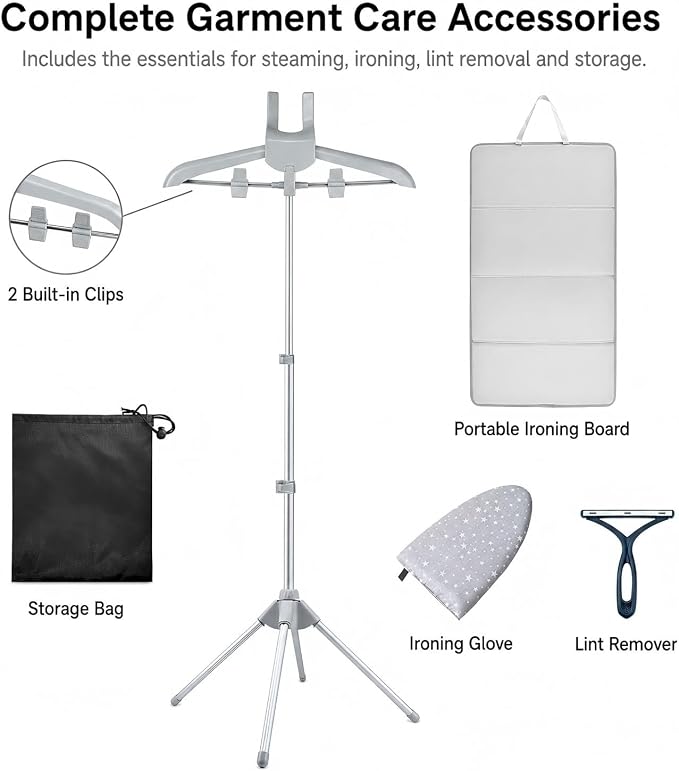Foldable Garment Steamer Hanger Stand with Ironing Gloves, Adjustable Steamer Rack Included Lint Remover & Storage Bag, 2 Clips&Portable Ironing Board for Suits Shirts Coats Portable Travel Home Use