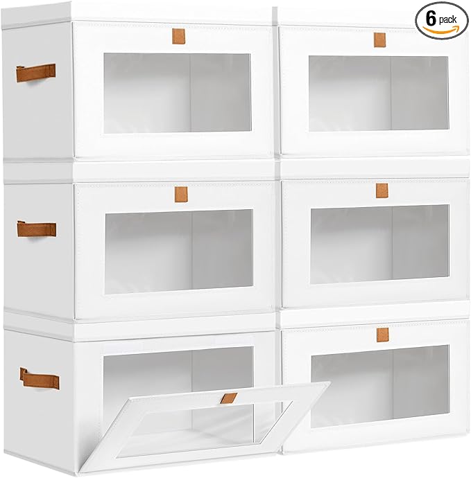 DIMJ Storage Bins with Lids - 6 Pack Large Fabric Closet Organizer with Window & Handles, Collapsible Decorative Storage Boxes for Shelves Under Bed, Books Clothes Blankets Sweaters Organization