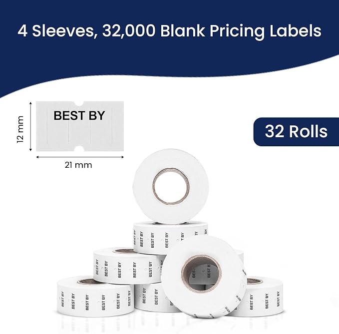 Perco 1 Line BEST BY Labels - 32,000 "BEST BY" Labels for Perco Lite, X, Plus and Pro 1 Line Date Guns - 32 rolls, 4 Sleeves - Made in USA