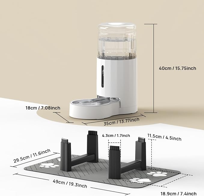 CZPET Elevated Dog Water Bowl Dispenser (8L+Stand+Mat, White) | With Stainless Steel Bowl Gravity Waterer, Large Capacity and Drinking Area Noise-Free for Pets