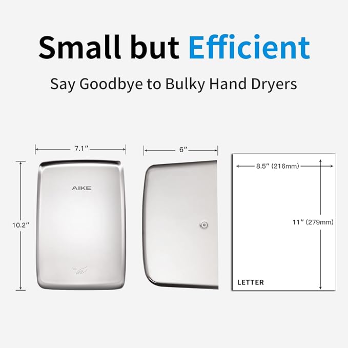AIKE UL Approved Compact Jet Hand Dryer Hard-Wired Friendly, 1350W 120V Polished Stainless Steel Model AK2803D