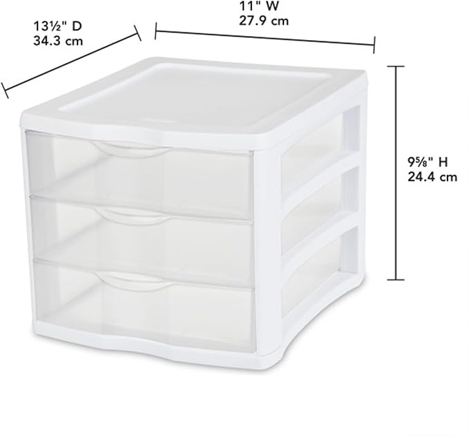 Sterilite 4-Pack 3 Drawer Unit, Stackable Plastic Organizer with Drawers, White Frame - Multi-Purpose Countertop Storage Containers for Office Supplies, Craft Rooms, Classrooms and Home Organization