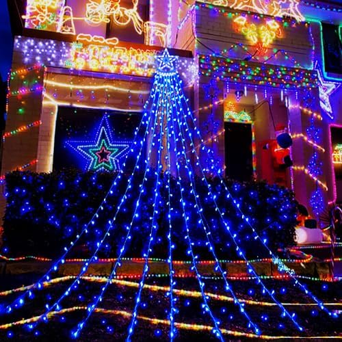 Aokudoni Christmas Decorations: 12.6 FT 350 LED Waterfall Lights 8 Modes Outdoor Christmas Lights for Xmas Tree House Yard Porch Patio Garden Decor, Blue