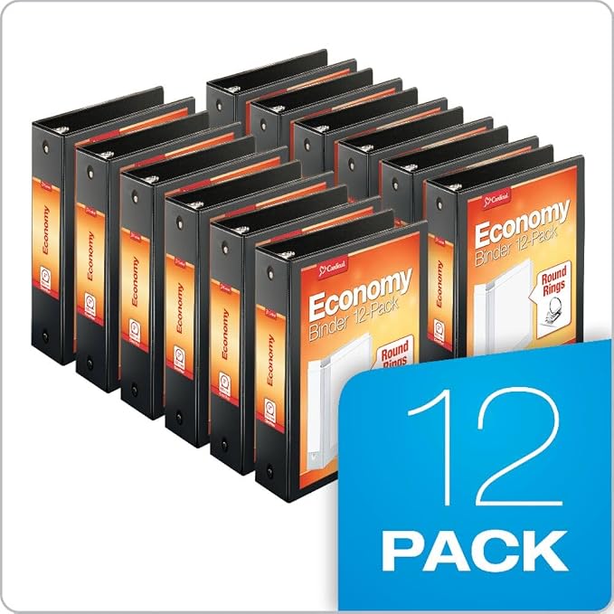 Cardinal Economy 3-Ring Binders, 3", Round Rings, Holds 625 Sheets, ClearVue Presentation View, Non-Stick, Black, Carton of 12 (90650)