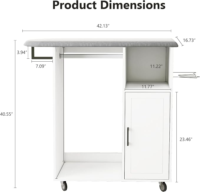 Rolling Ironing Board with Storage, Ironing Cart with Iron Holder and Coat Hanger, Multipurpose Ironing Cabinet with Wheels, Suitable for Laundry Room, Bedroom, Coat and hat, White