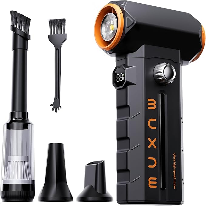 MUXNW 130000RPM 2-in-1 Blower & Vacuum Electric Air Duster | 2-in-1 blow&vac washable filter overclock130kRPM 100-speed digital display LED light nozzle&filter 8000mAh PC/car/home