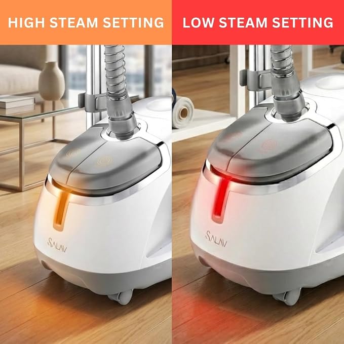 SALAV GS45-DJ Professional Upright Garment Steamer with Roll Wheels, Multi-Function Extra Wide Hanger, Fabric Brush & Mini Ironing Paddle, 1500 watts, Silver