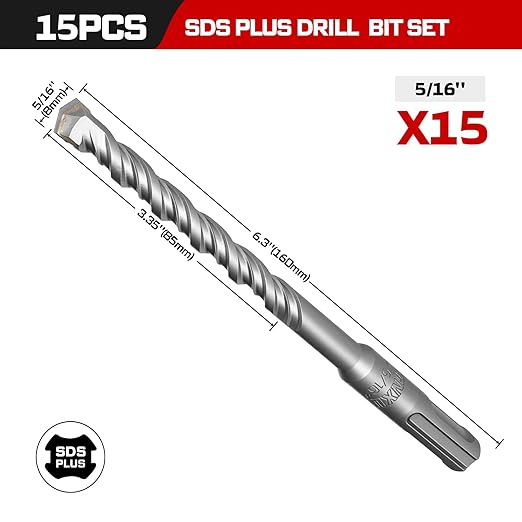 GEINXURN 15 PCS 5/16" x 6" Double Thread Rotary Hammer Drill Bits, Masonry Drill Bits Tool Set Carbide Tipped, Drilling in Brick, Stone and Concrete, Cement Walls