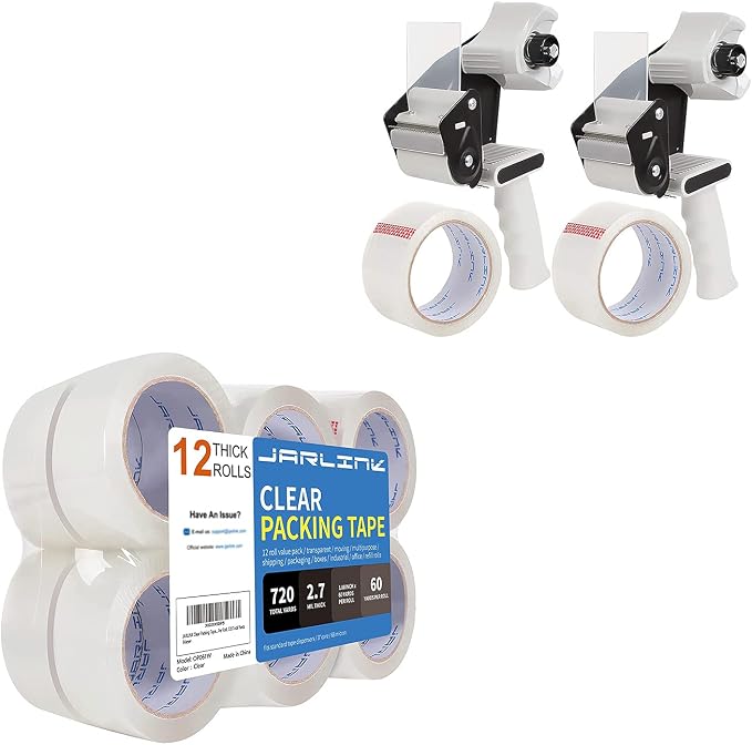 JARLINK Packing Tape Dispenser Gun (2 Pack) with 2 Rolls Tape Bundle with Packing Tape (12 Rolls) for Shipping Packaging Moving Sealing