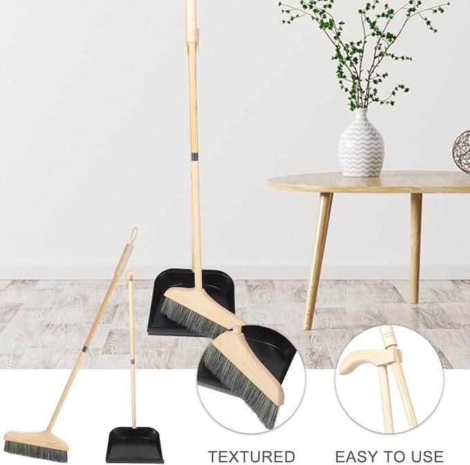 GANAZONO Broom and Dustpan Set Long Handle Household Cleaning Tools Indoor Outdoor Use Lightweight Ergonomic Brush for Home Garage Workshop