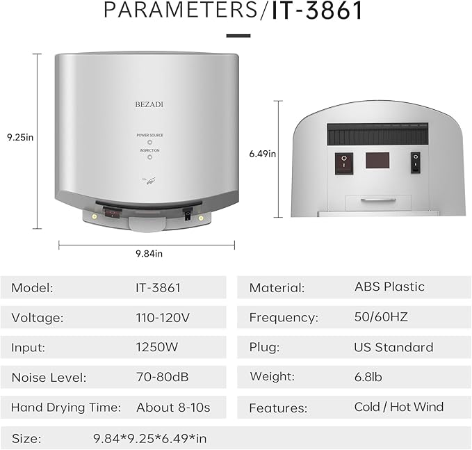 High-Speed Hand Dryer Automatic Hot & Cold Airflow,1250W 110V Wall Mounted Hand Dryer for Home Bathroom, Compact Commercial Hand Dryer Silver