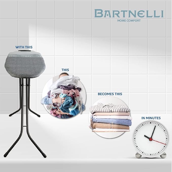 Bartnelli by Rorets Classic Ironing Board with New Patent EZ-Glide Technology, Made in Europe, Premium Iron Board with Iron Rest, 4 Layer Cover, 13x43 Surface, Height Adjustable to 36", 4 Steel Legs