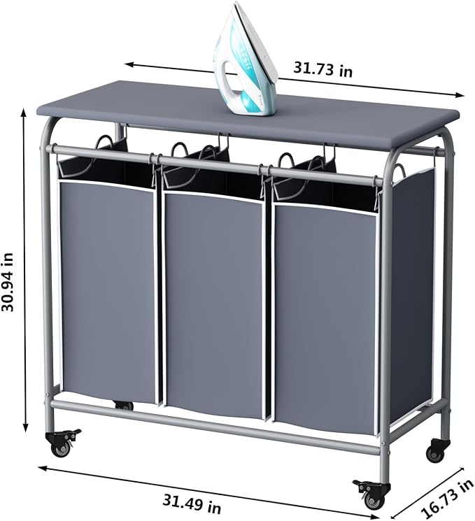 LINZINAR 3-Bag Laundry Hamper with Ironing Board, Grey 135L Laundry Sorter | Laundry Room Organization with Heavy Duty Rolling Lockable Wheels and Removable Bag, Bedroom Laundry Cart for Clothes Storage