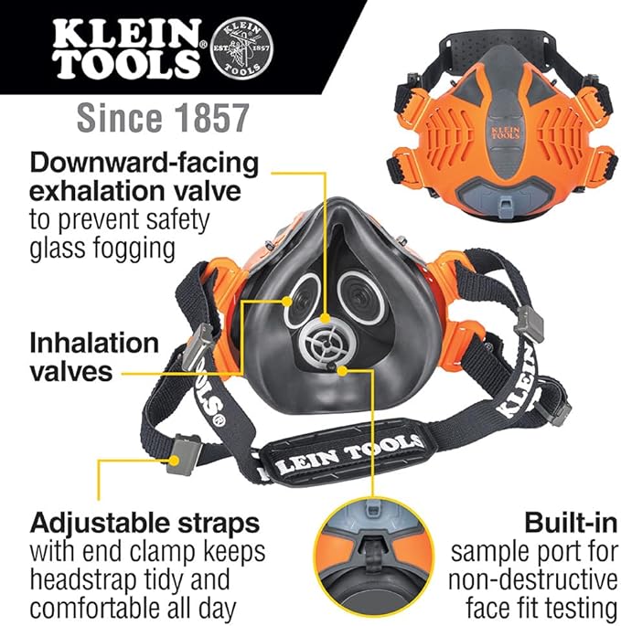 Klein Tools 60553 Reusable P100 Half-Mask Respirator with Replaceable Filters for Dust, Metal Fumes, and Oil Mist, S/M