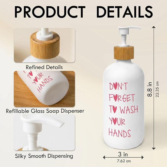 Pink Kids Bathroom Soap Dispenser, Wash Your Hands Glass Dish Soap Dispenser, Trendy Pink Refillable Handsoap Pump Bottle for Teen Girls Bathroom Washroom Countertop