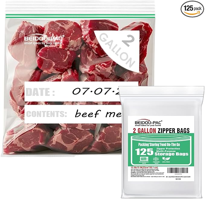 BEIDOU-PAC 2 Gallon Large Food Storage Freezer Bags, 125 Count | Double Zipper | 13" * 15", Freshness Easy Open Reclosable Clear Plastic Bags