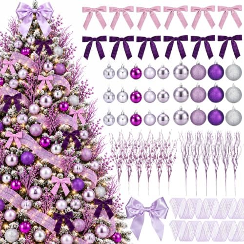 53 Pcs Christmas Tree Decorations Bow Topper Ornaments Christmas Balls Berry Picks Mesh Ribbon Bow Xmas Tree Ornaments for Xmas Home Office Decorations