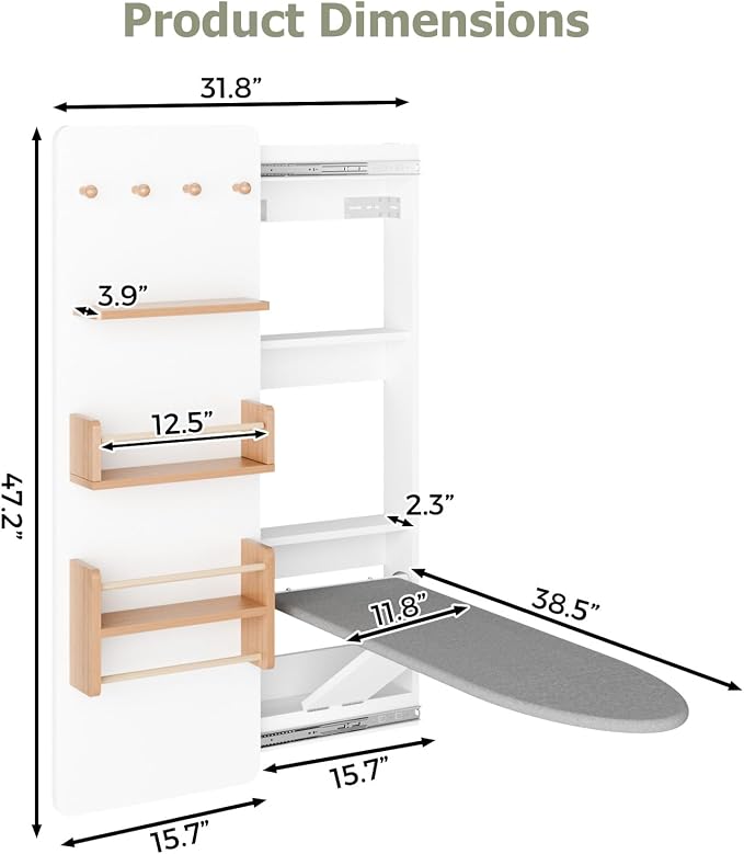 Kikihouse Wall Mounted Ironing Board Cabinet with Storage, Foldable Wall Ironing Board with Sliding Door, Wall Mount Space Saving Ironing Station for Laundry Room, Living Room, Entrance