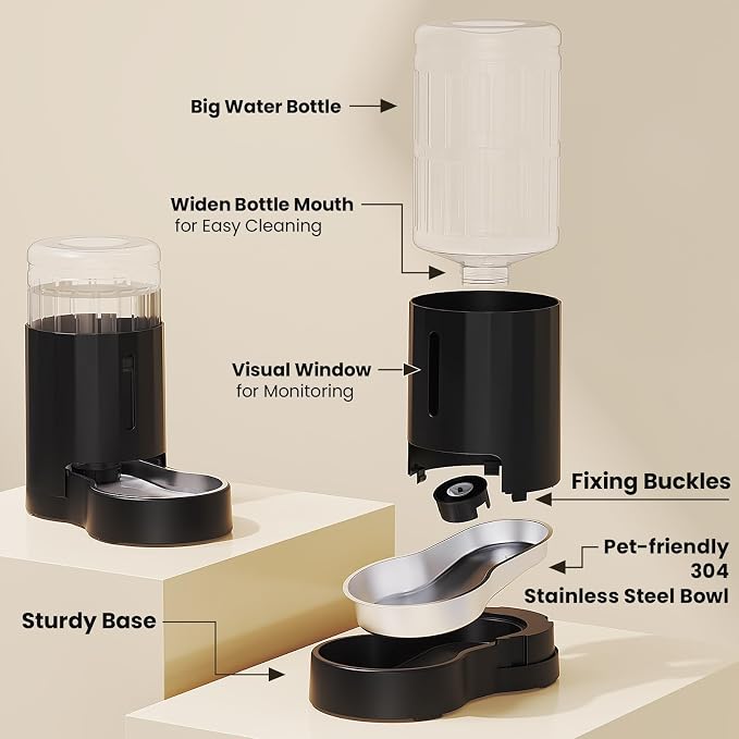 CZPET Dog Water Bowl Dispenser 7L, Wider Mouth Gravity Refilling (Black) | With Stainless Steel Bowl Gravity Waterer, Large Capacity and Drinking Area Noise-Free for Pets